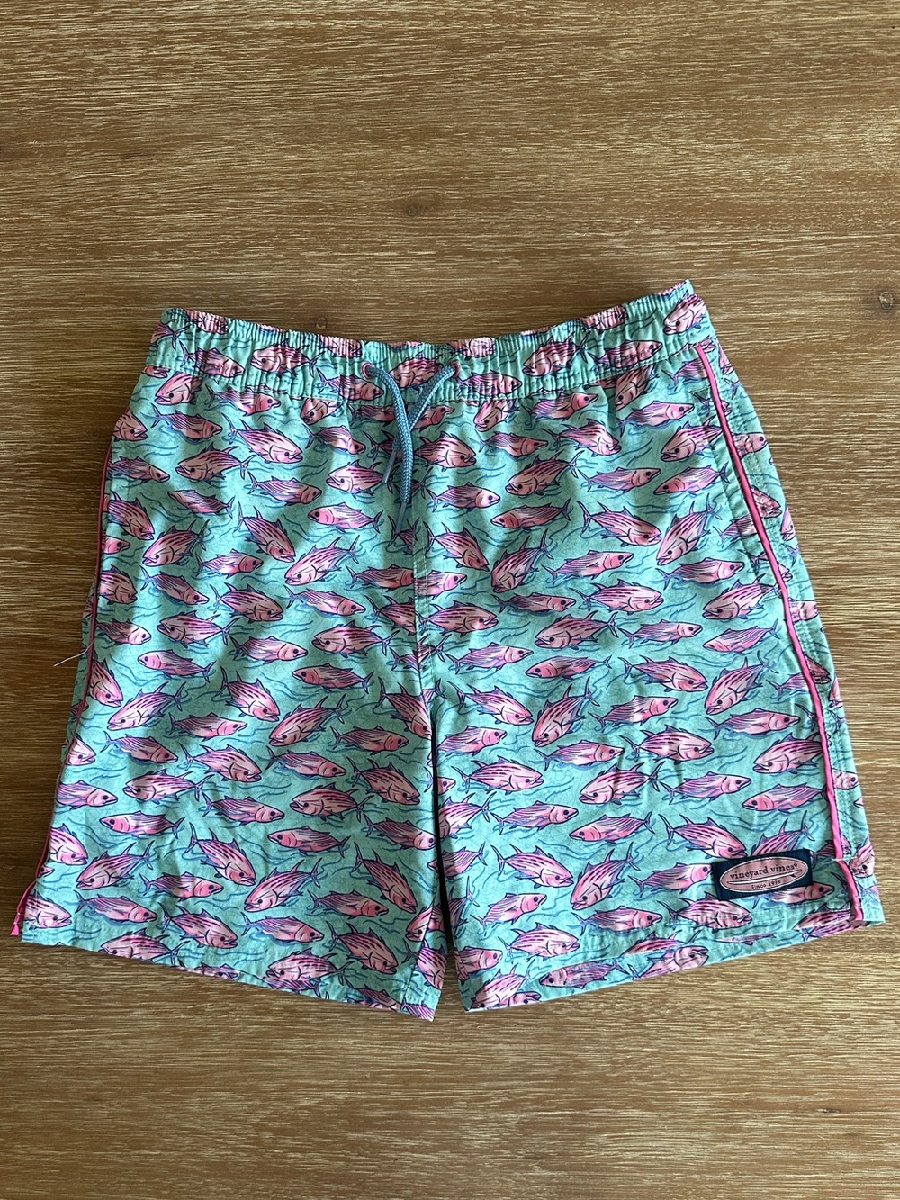 Vineyard Vines Boys’ Chappy Trunks Teal Swim Shorts with Pink Fish Print